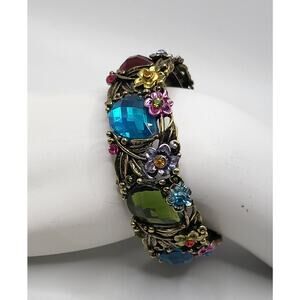 Vintage Floral Panel Bracelet Colorful Glass Rhinestone Statement